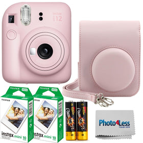 Fujifilm Instax Mini 12 Blossom Pink camera front view for quick, credit-card-sized prints.