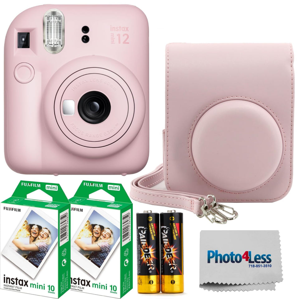 Fujifilm Instax Mini 12 Blossom Pink camera front view for quick, credit-card-sized prints.