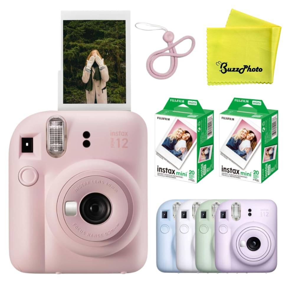 Fujifilm Instax Mini 12 Blossom Pink camera; perfect for quick selfies and instant 2x3 prints.