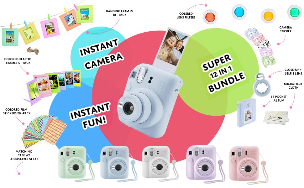 Fujifilm Instax Mini 12 pastel blue bundle contents ready for instant creativity.