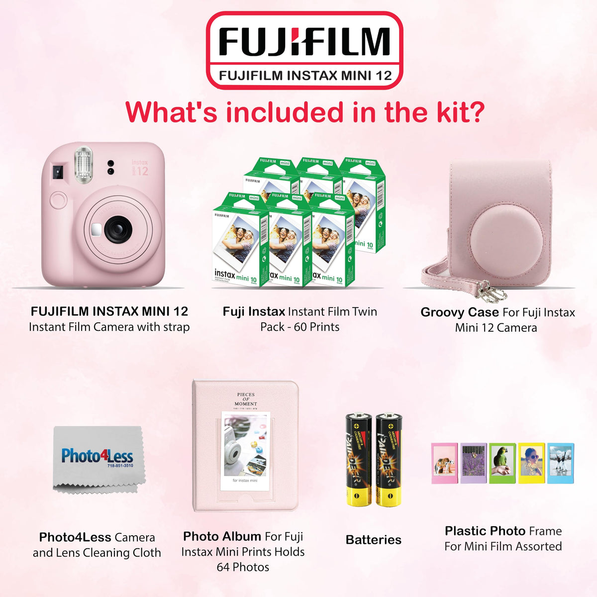 Fujifilm Instax Mini 12 bundle with film, case, and strap, ready for spontaneous parties