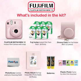 Fujifilm Instax Mini 12 bundle with film, case, and strap, ready for spontaneous parties