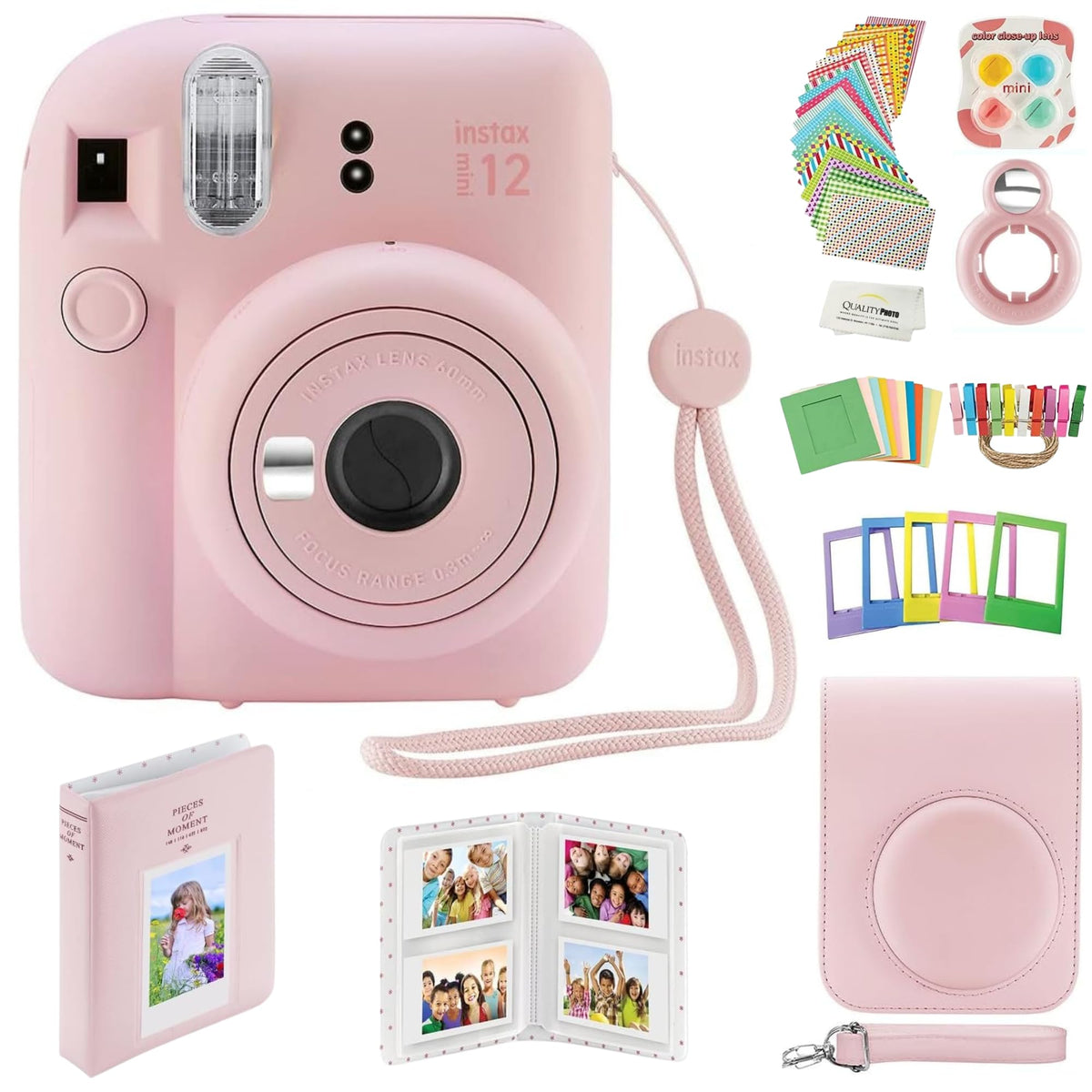Fujifilm Instax Mini 12 blossom pink camera with protective case for on-the-go memories