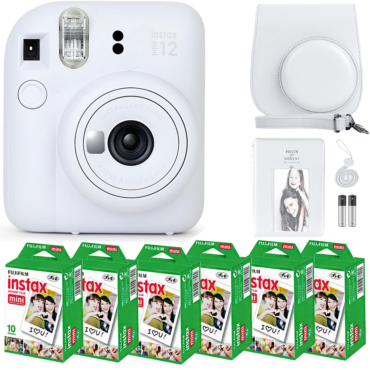 Fujifilm Instax Mini 12 camera in clay white for quick instant prints on the go.