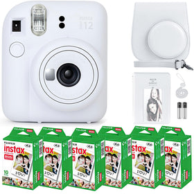 Fujifilm Instax Mini 12 camera in clay white for quick instant prints on the go.