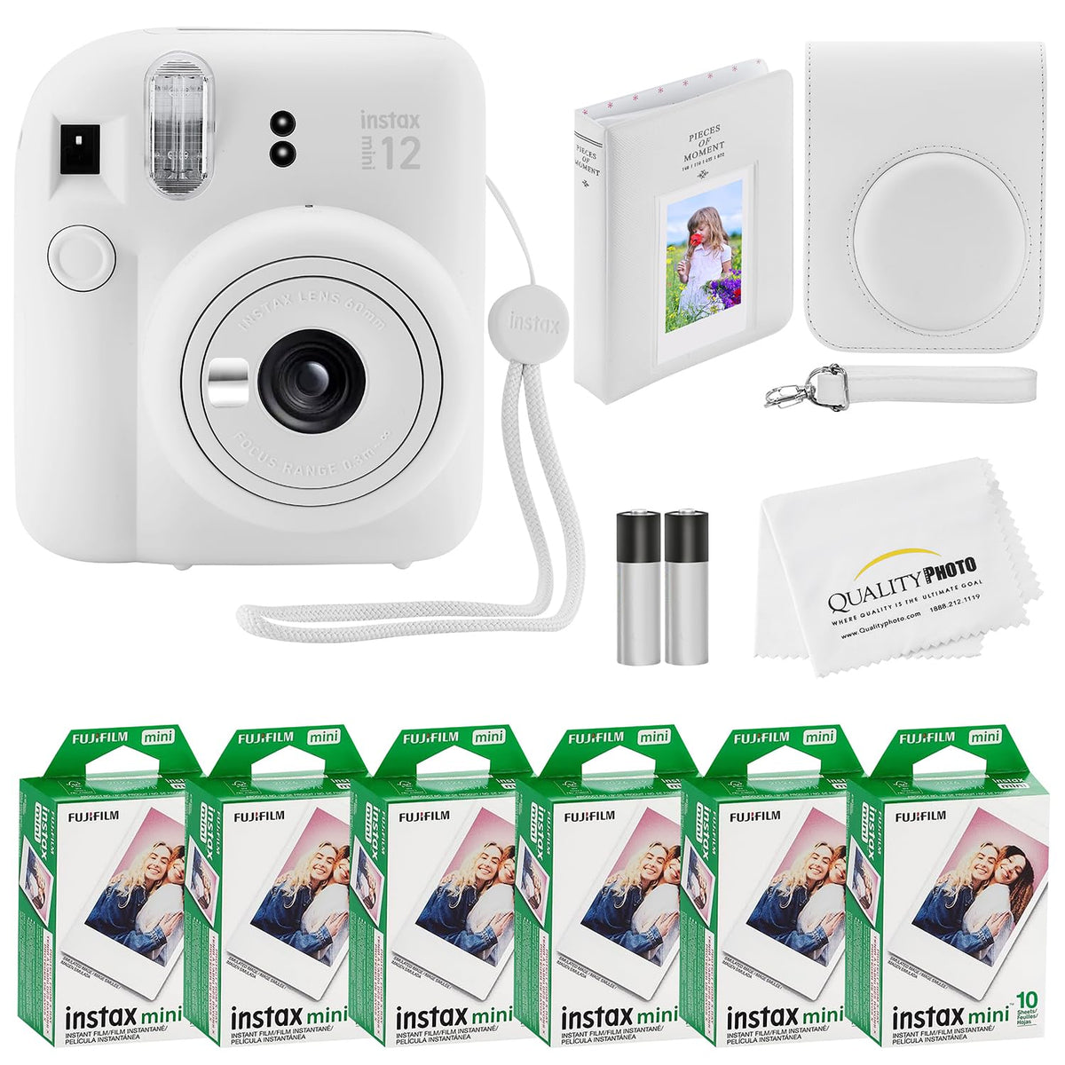 Fujifilm Instax Mini 12 camera in Clay White, perfect for on-the-go instant photos.