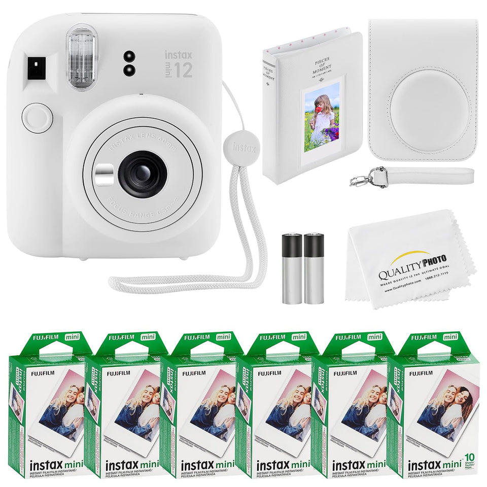 Fujifilm Instax Mini 12 camera in Clay White, perfect for on-the-go instant photos.