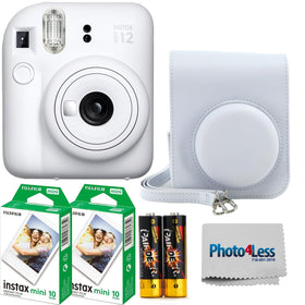 Fujifilm Instax Mini 12 camera in clay white with simple controls for instant memories.