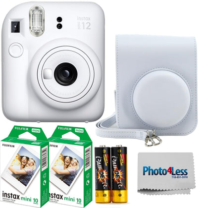 Fujifilm Instax Mini 12 camera in clay white with simple controls for instant memories.