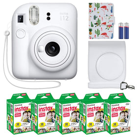 Fujifilm Instax Mini 12 camera front view ready for quick selfies and vibrant prints.