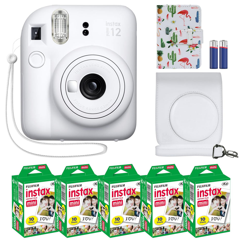 Fujifilm Instax Mini 12 camera front view ready for quick selfies and vibrant prints.