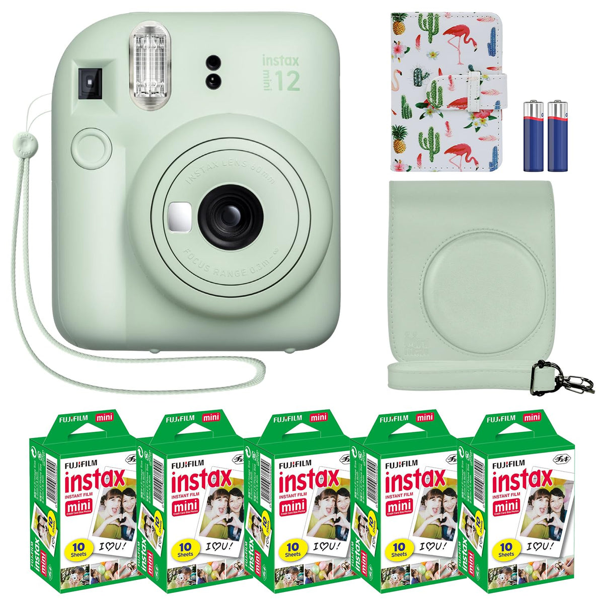 Fujifilm Instax Mini 12 camera front view in mint green