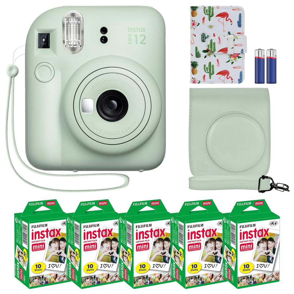 Fujifilm Instax Mini 12 camera front view in mint green