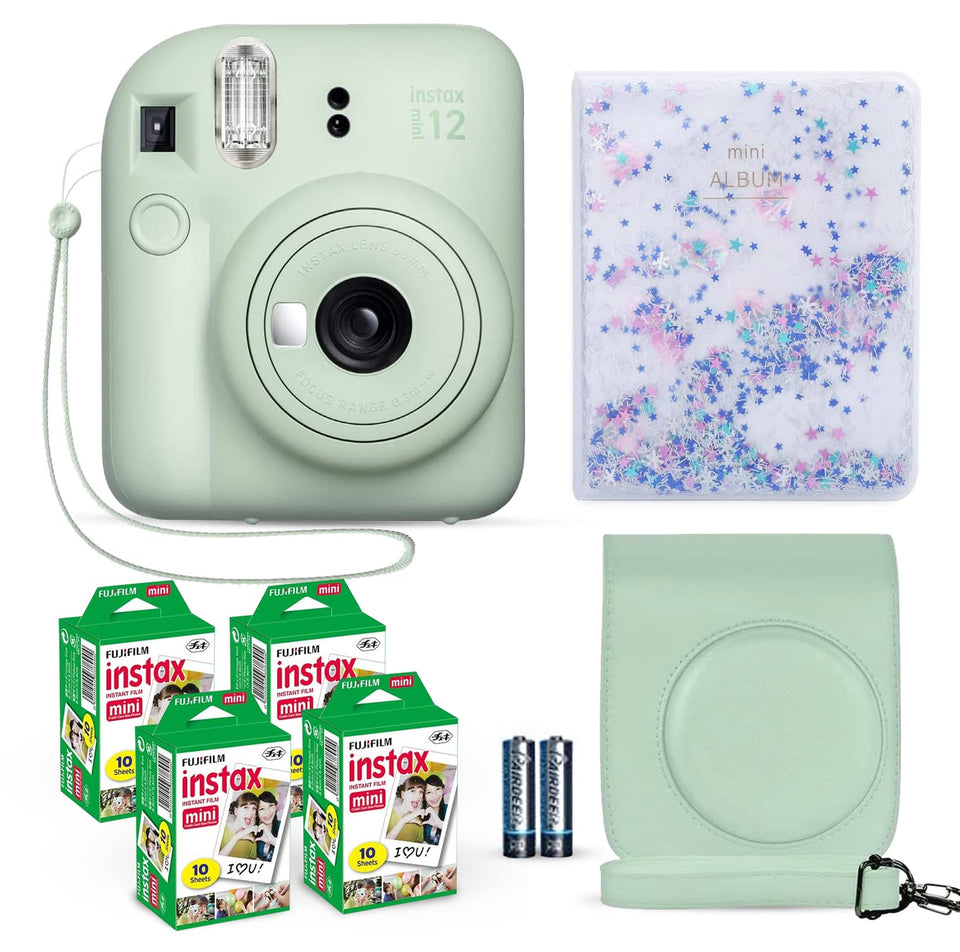 Fujifilm Instax Mini 12 Mint Green camera with built-in flash for instant memories