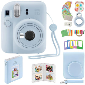 Fujifilm Instax Mini 12 camera in pastel blue with protective case for on-the-go use