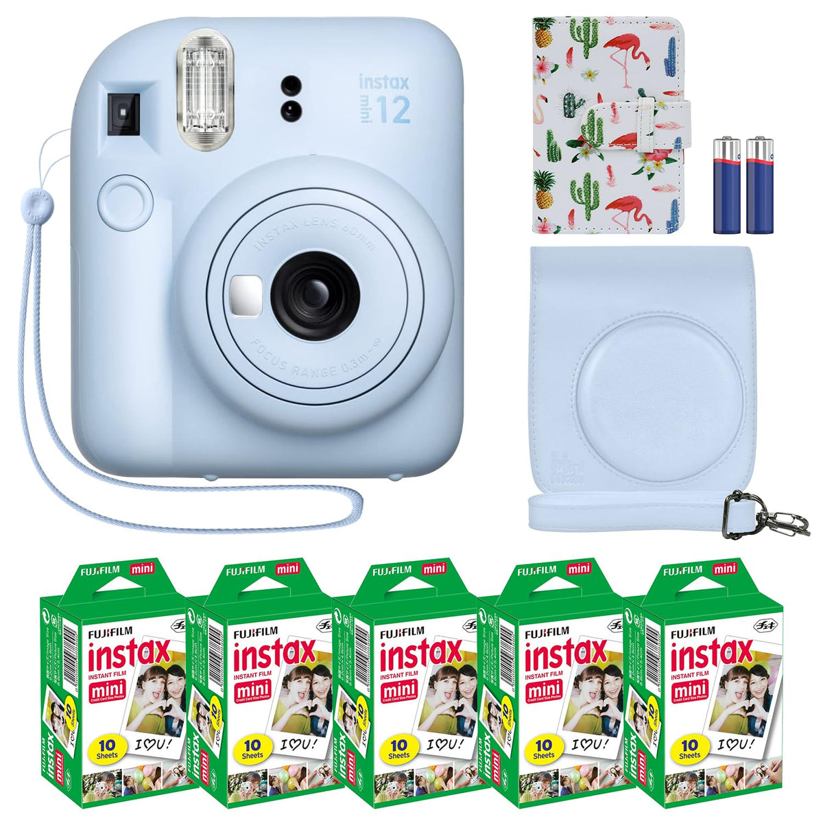Fujifilm Instax Mini 12 pastel blue camera with viewfinder for instant prints.