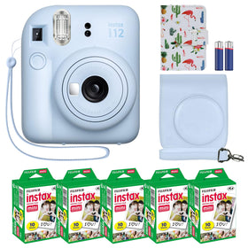 Fujifilm Instax Mini 12 pastel blue camera with viewfinder for instant prints.