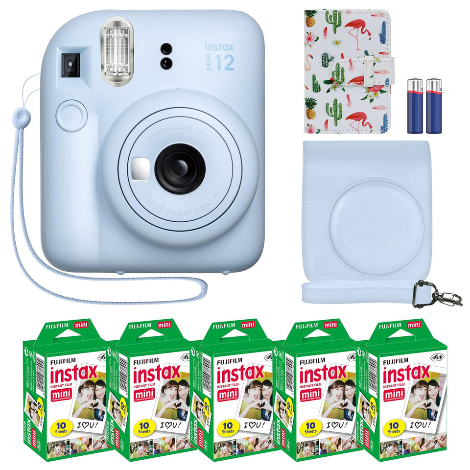Fujifilm Instax Mini 12 pastel blue camera with viewfinder for instant prints.