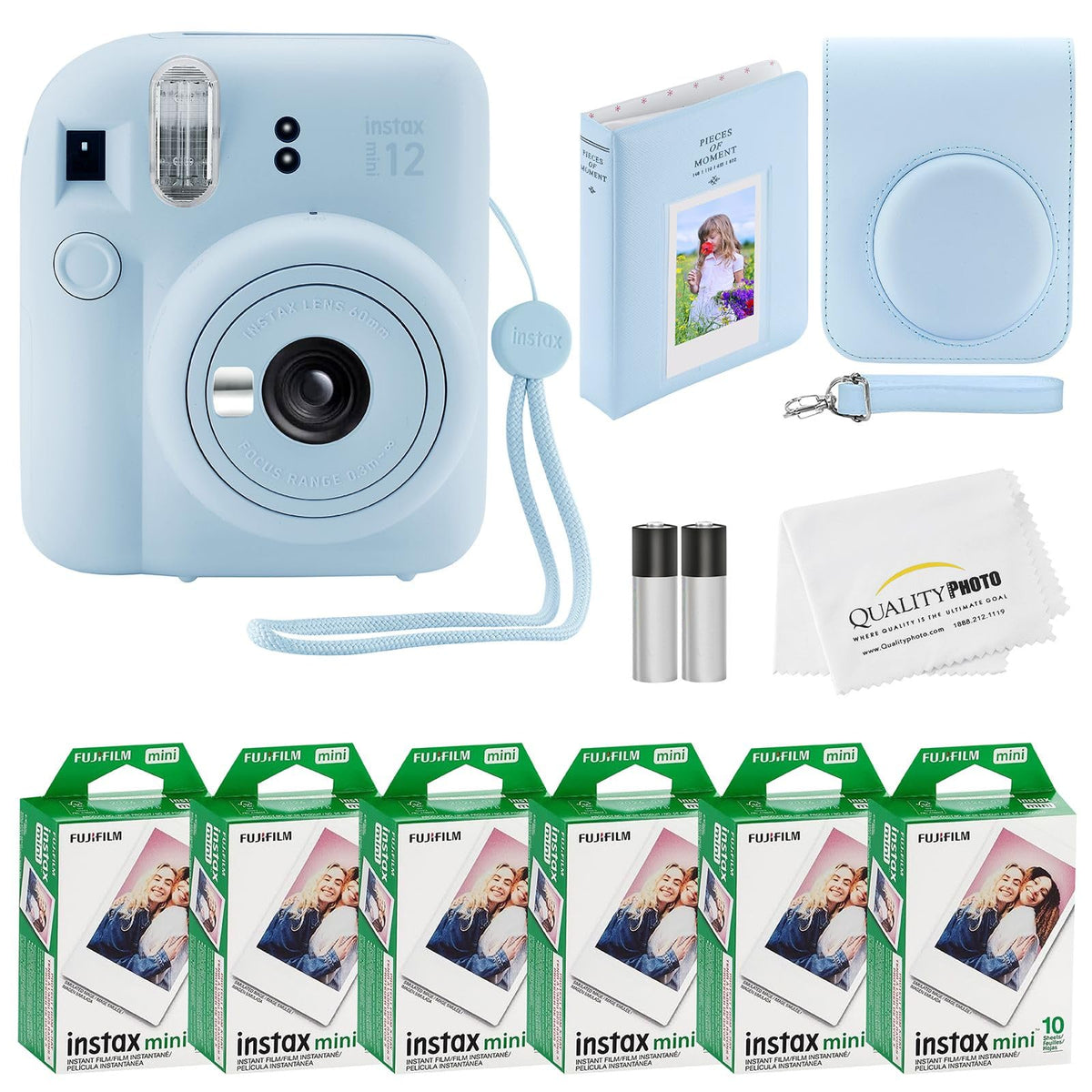 Fujifilm Instax Mini 12 camera in pastel blue ready for instant memories.