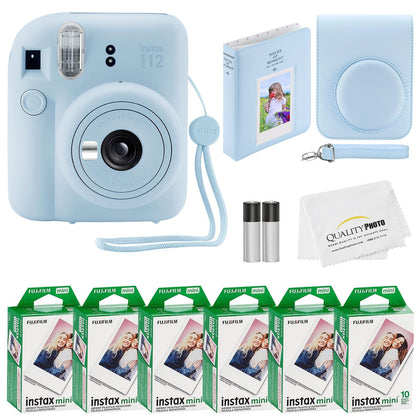 Fujifilm Instax Mini 12 camera in pastel blue ready for instant memories.