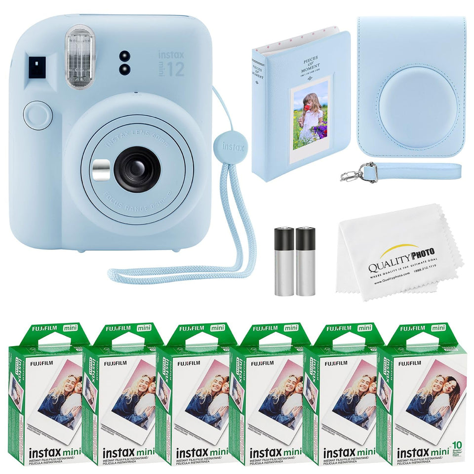 Fujifilm Instax Mini 12 camera in pastel blue ready for instant memories.