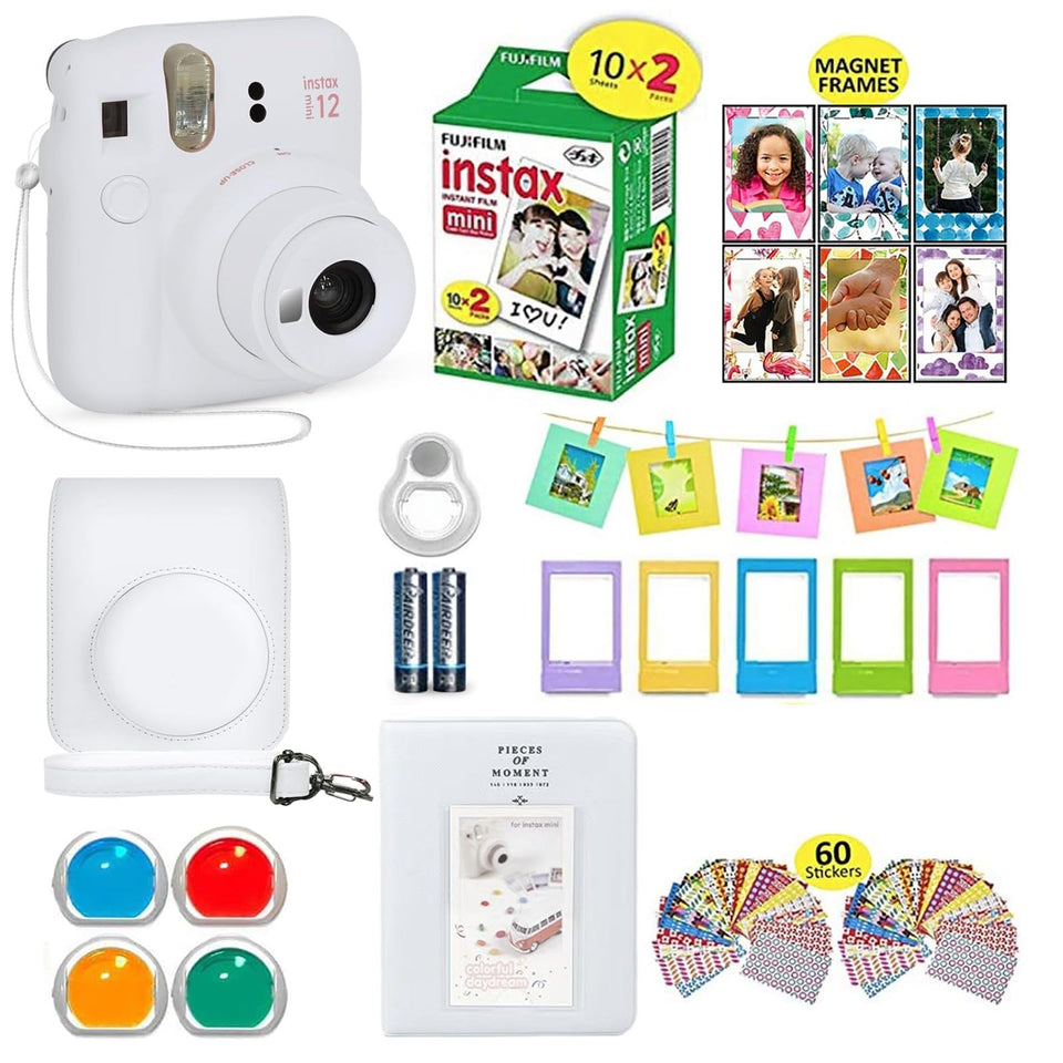 Fujifilm Instax Mini 12 camera with case, ideal for portable instant photography.