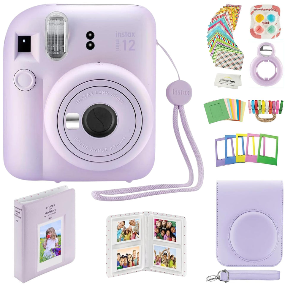 Fujifilm Instax Mini 12 lilac camera with protective case for safe, stylish instant memories.