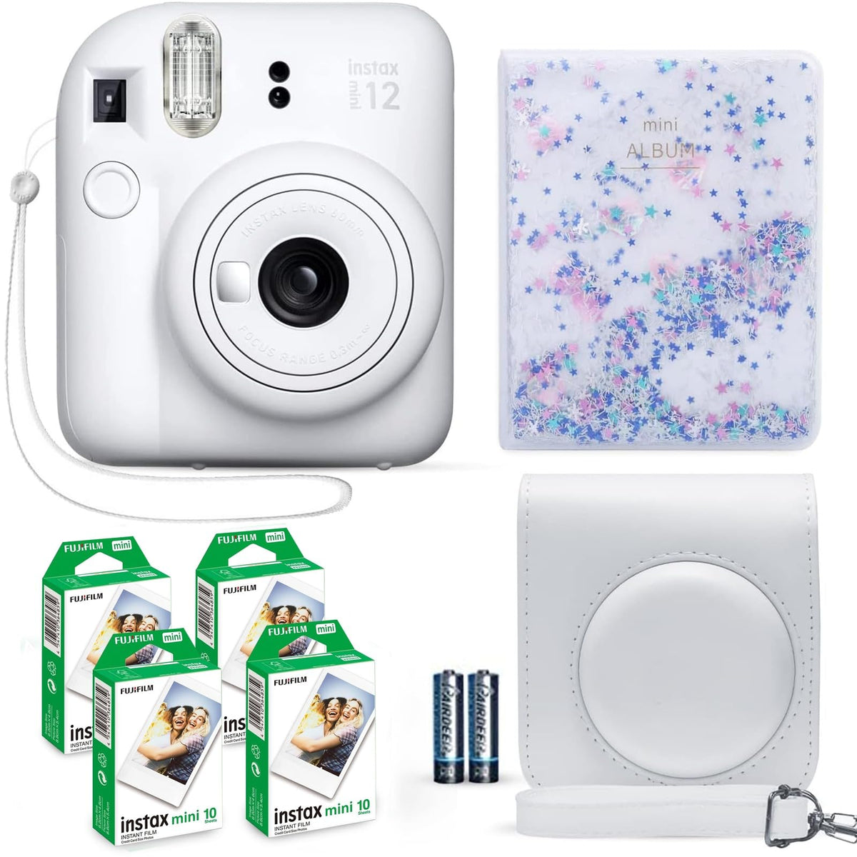 Fujifilm Instax Mini 12 clay white front view showing compact design and easy handle.