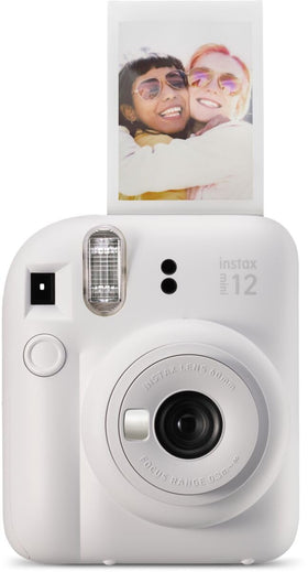 Fujifilm Instax Mini 12 clay white camera front view, compact design for on-the-go memories