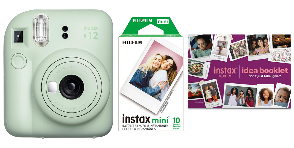Fujifilm Instax Mini 12 Green Bundle camera front view for quick on-the-go instant photos
