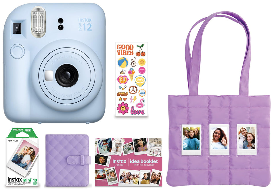 Fujifilm Instax Mini 12 pastel blue – front view, ideal for spontaneous memories.
