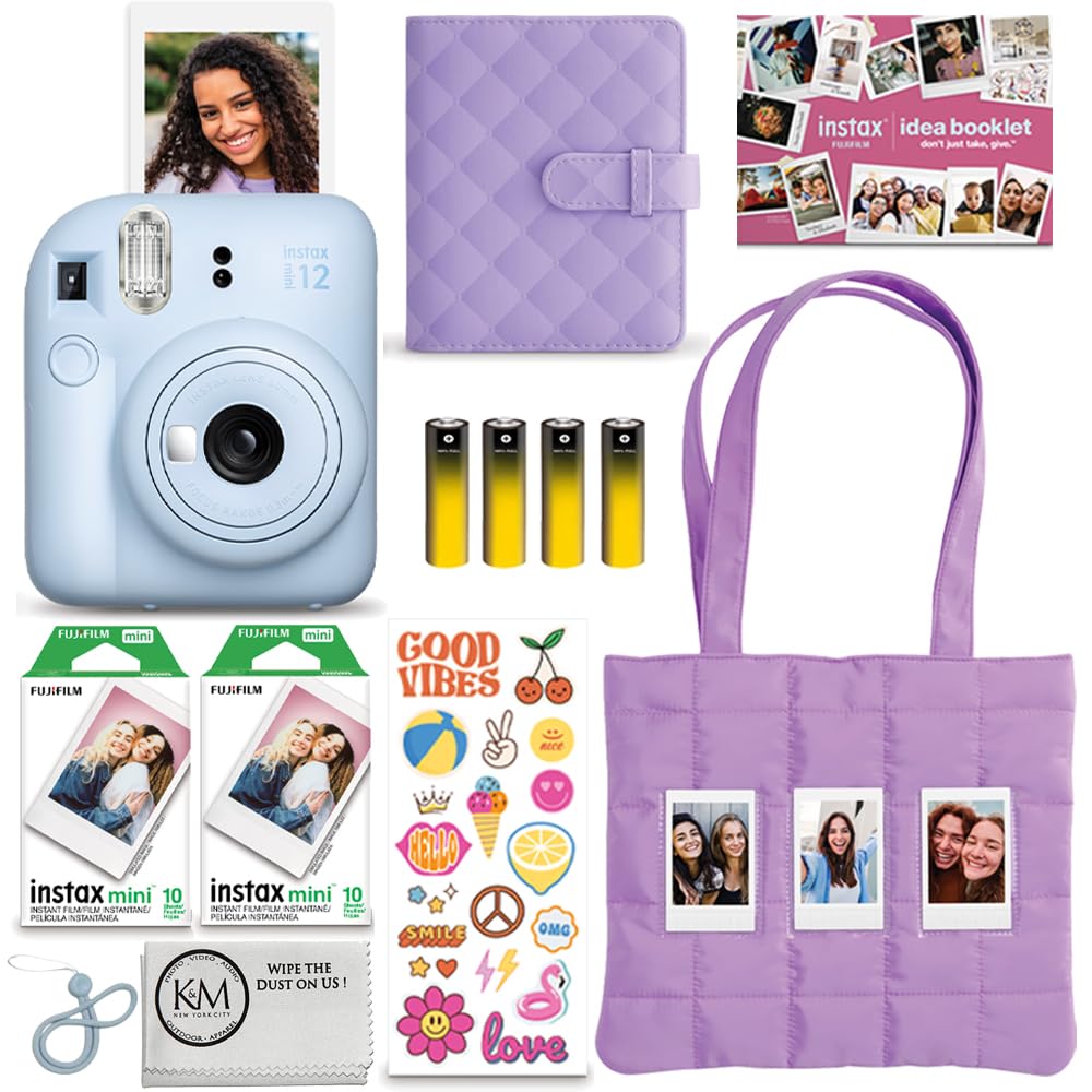 FUJIFILM Instax Mini 12 pastel blue bundle shows compact camera for on-the-go memories