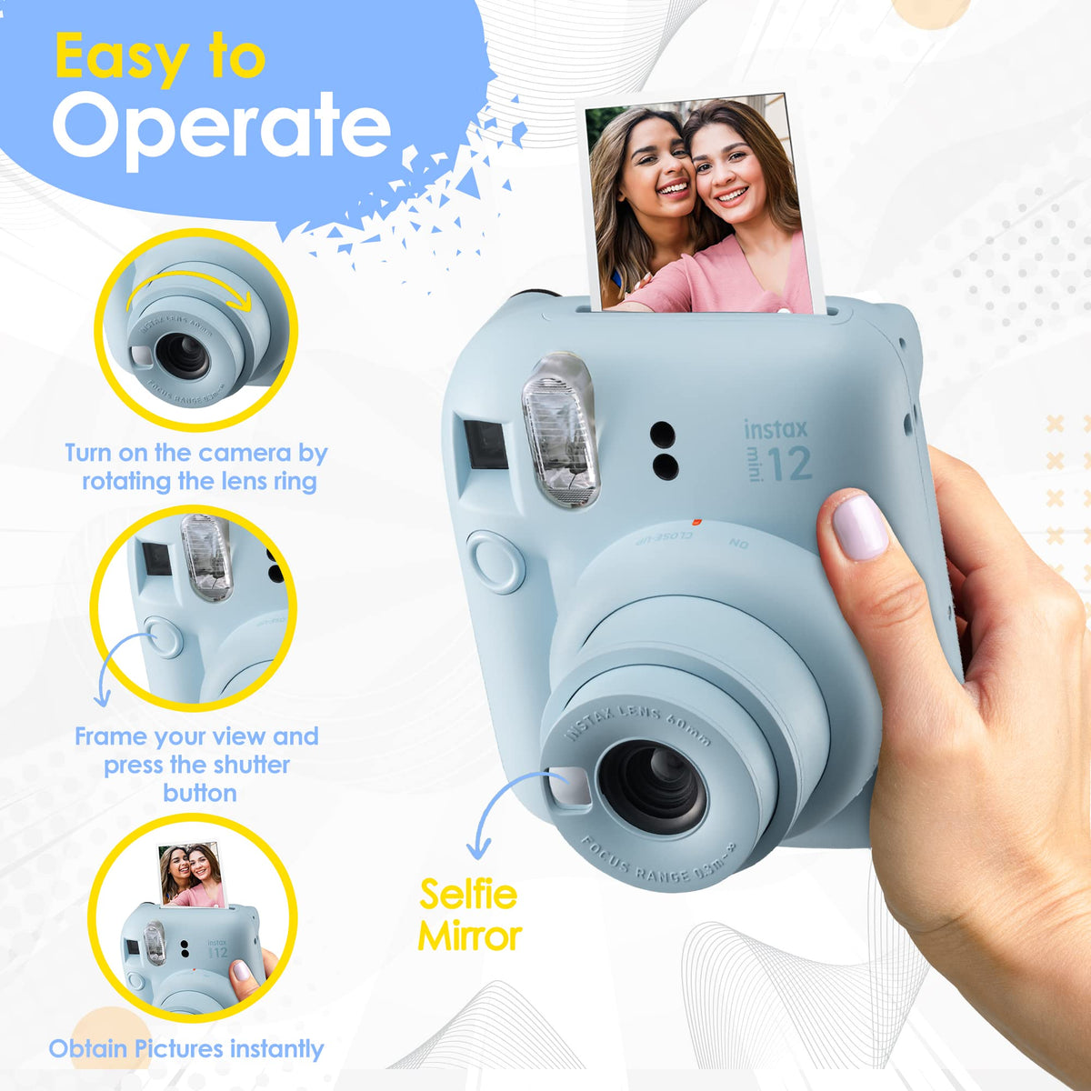 Close-up of the Instax Mini 12 lens and view through the viewfinder.