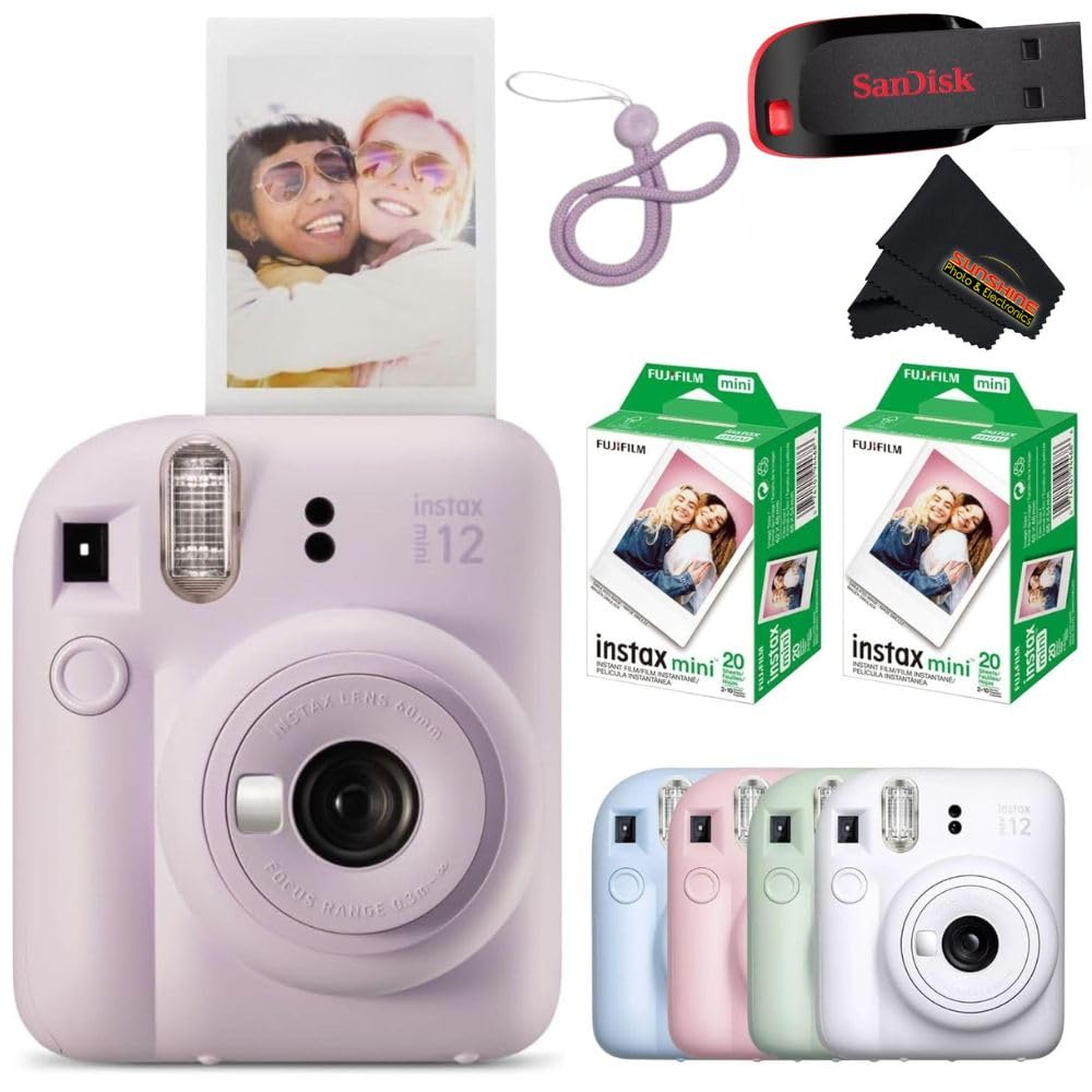 Fujifilm Instax Mini 12 lilac purple camera front view, compact and travel-ready for instant prints