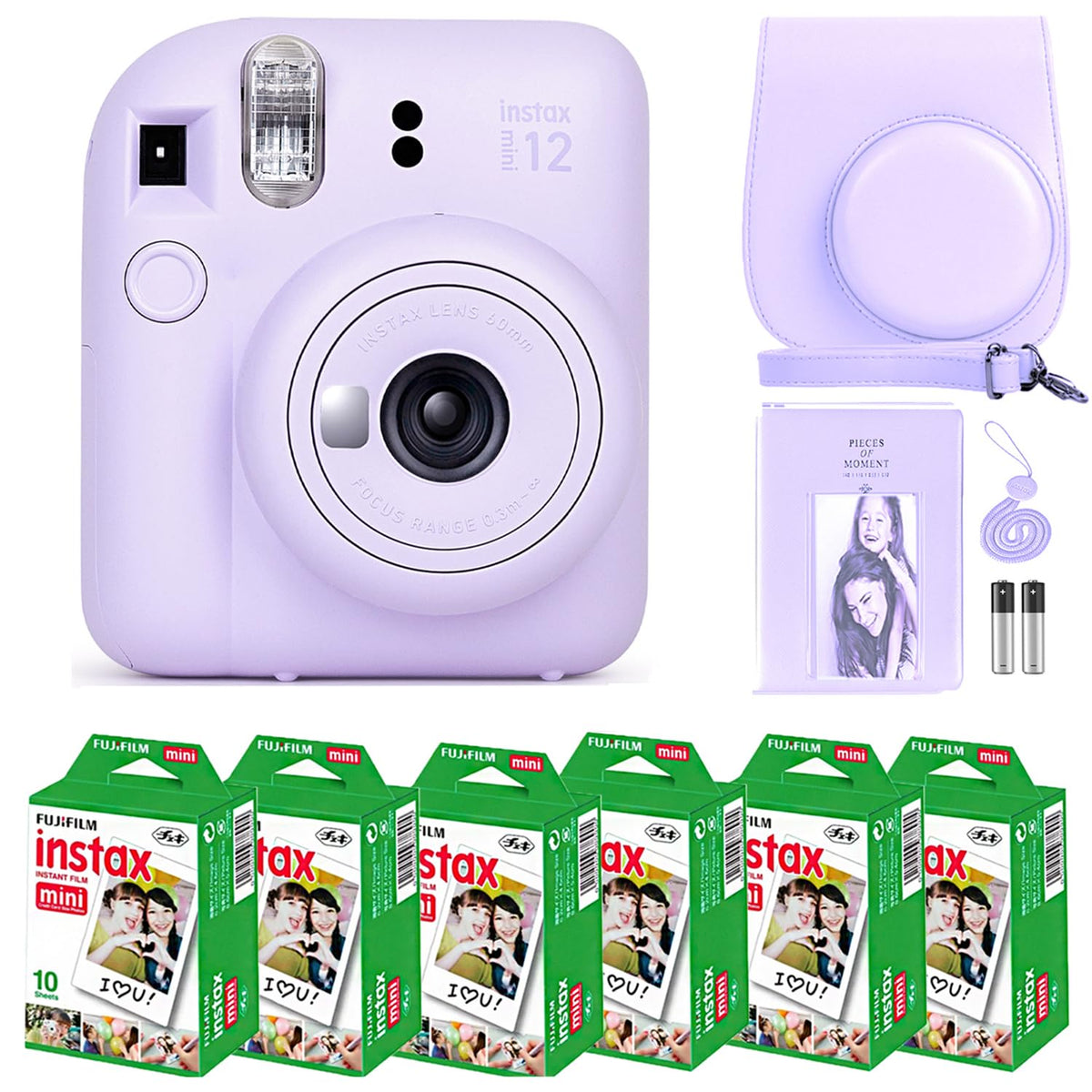 Fujifilm Instax Mini 12 lilac camera front view, compact instant printing for parties.