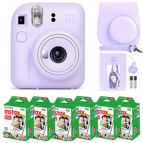 Fujifilm Instax Mini 12 lilac camera front view, compact instant printing for parties.