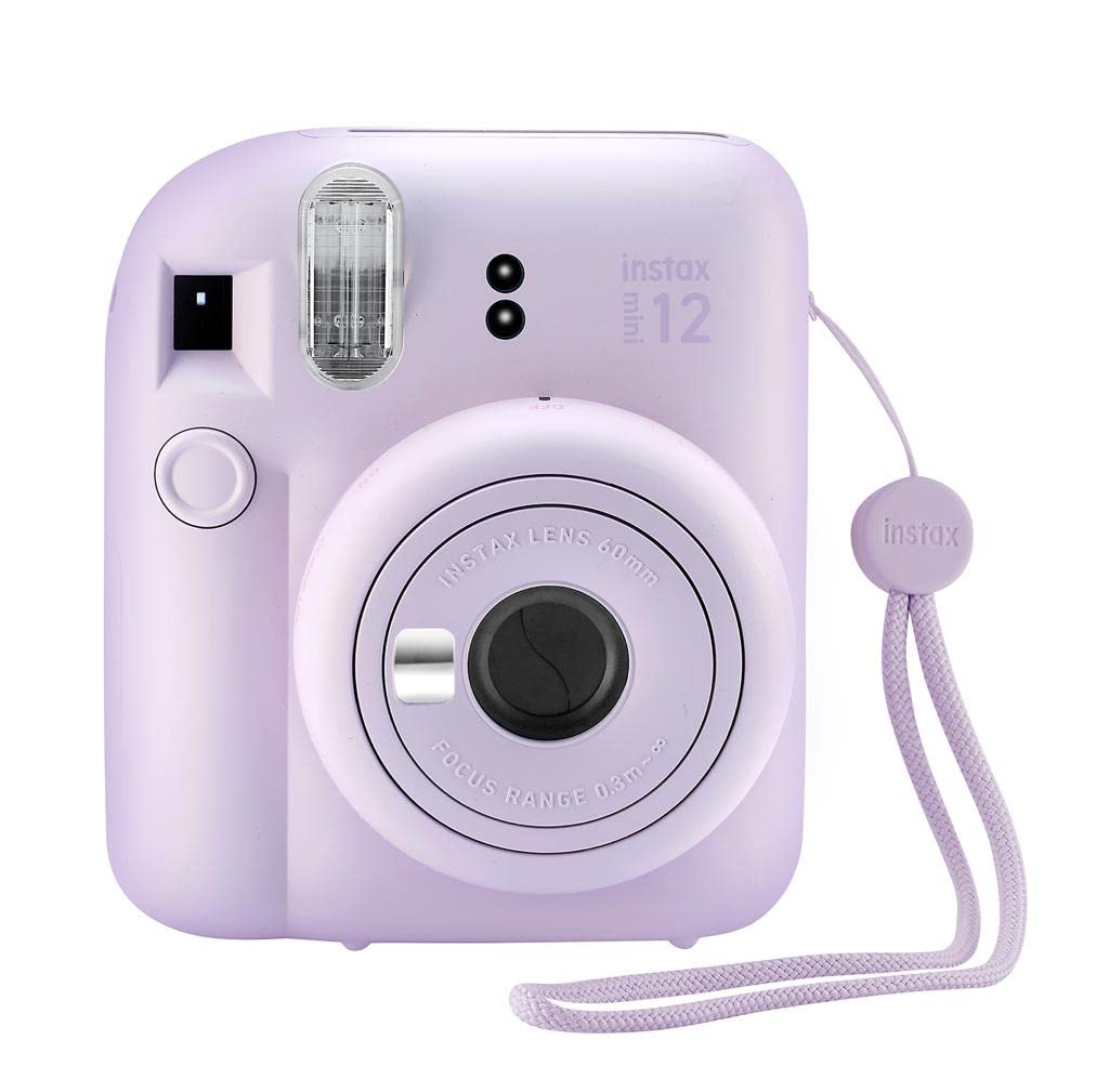 Close-up of the lilac Fujifilm Instax Mini 12 with case, ready for vibrant memories.