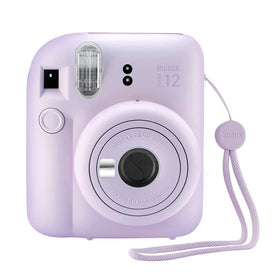 Close-up of the lilac Fujifilm Instax Mini 12 with case, ready for vibrant memories.