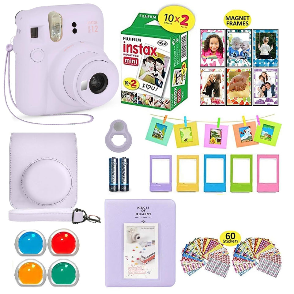 Fujifilm Instax Mini 12 lilac purple camera front, compact and ready for spontaneous portraits.