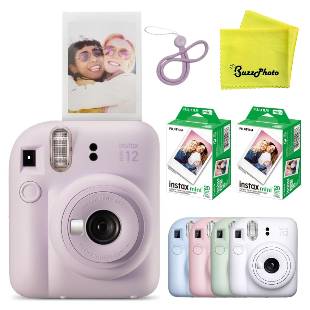 Fujifilm Instax Mini 12 Lilac Purple camera front view, ideal for quick selfies and instant memories.