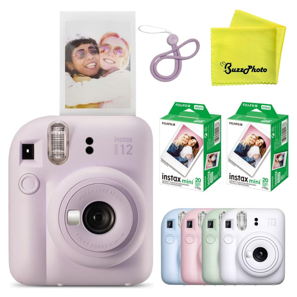 Fujifilm Instax Mini 12 Lilac Purple camera front view, ideal for quick selfies and instant memories.