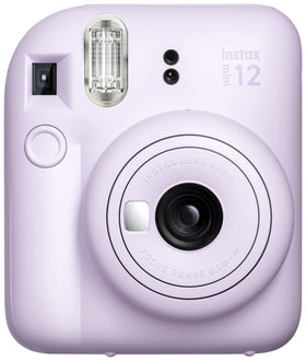 Fujifilm Instax Mini 12 Lilac Purple camera front view for stylish, on-the-go memories.