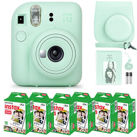 Fujifilm Instax Mini 12 mint green camera front view for instant memories.
