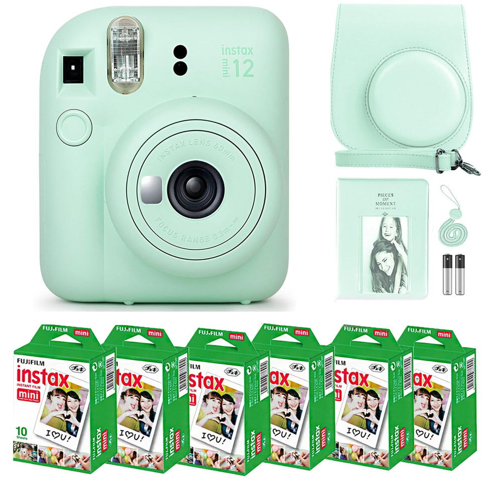 Fujifilm Instax Mini 12 mint green camera front view for instant memories.