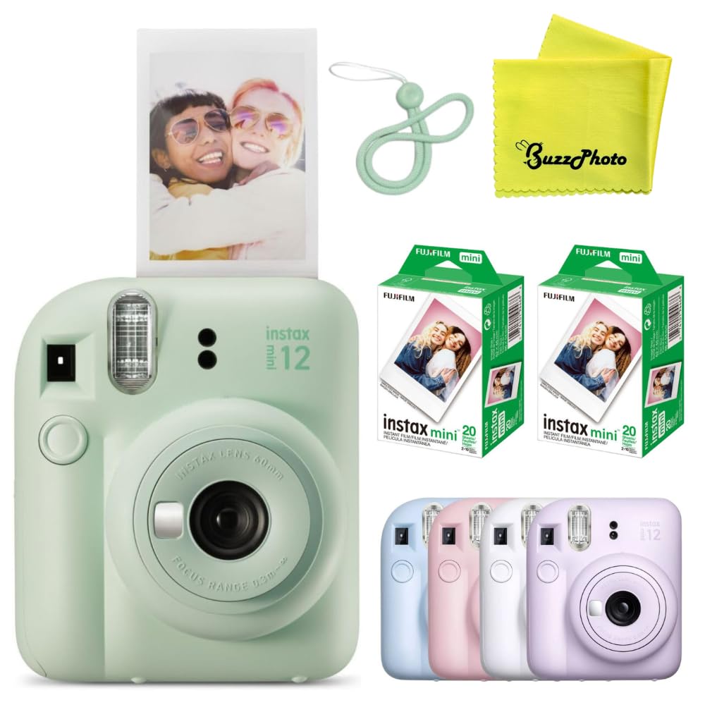 Fujifilm Instax Mini 12 mint green camera with selfie mirror for quick, fun instant photos.