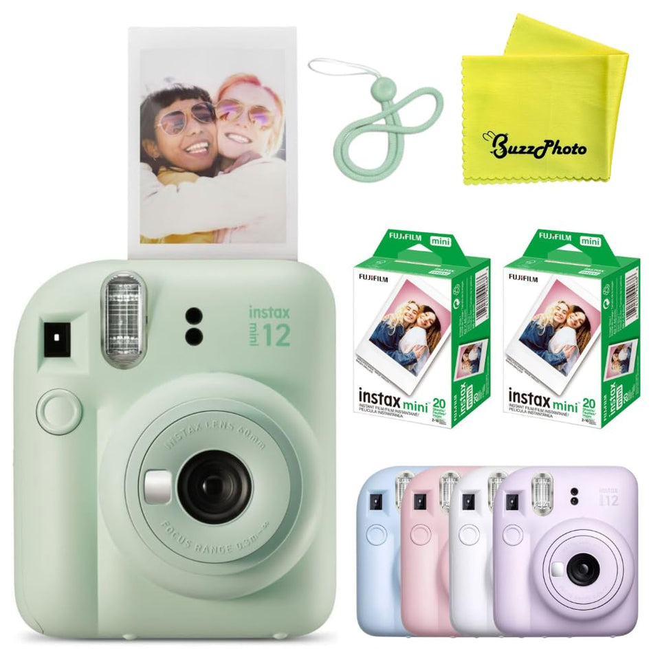 Fujifilm Instax Mini 12 mint green camera with selfie mirror for quick, fun instant photos.