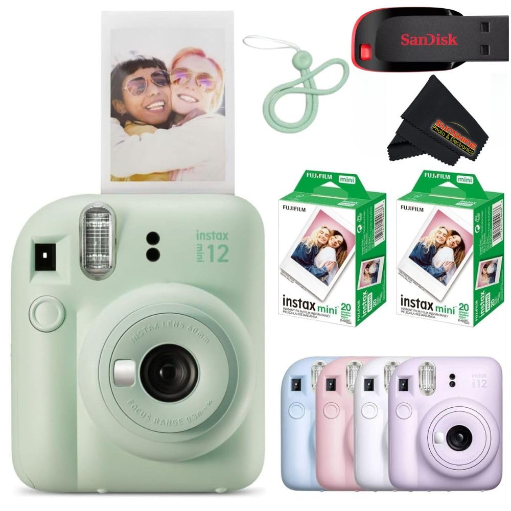Fujifilm Instax Mini 12 mint green camera front view for instant memories.