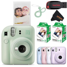 Fujifilm Instax Mini 12 mint green camera front view for instant memories.
