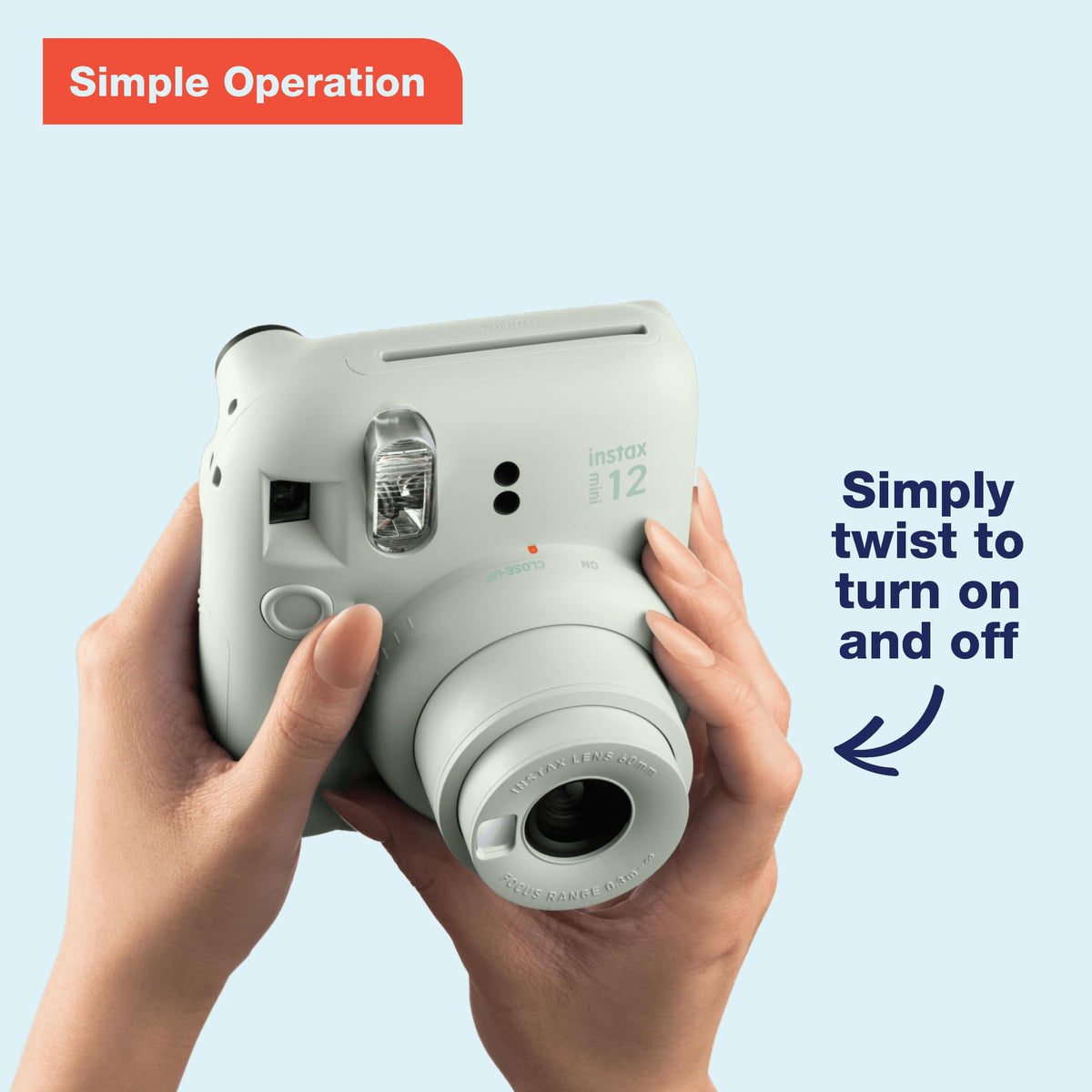 Fujifilm Instax Mini 12 mint green lens twist enables quick, effortless setup