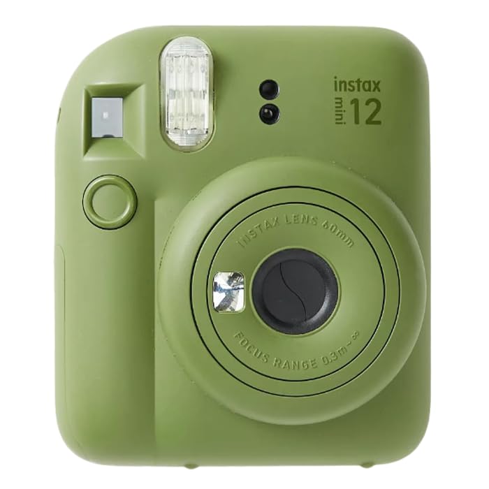 Fujifilm Instax Mini 12 olive green front view, compact design for quick carry.